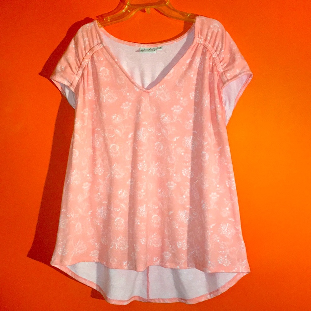 Pale Pink Floral V-Neck Blouse Woman’s 1X Plus Size Easter Church Office Casual